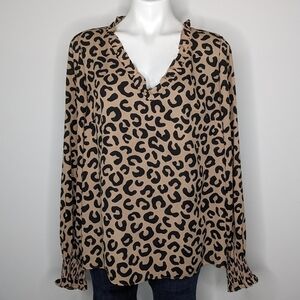 Kate Spade black tan leopard cheetah animal print v neck blouse L